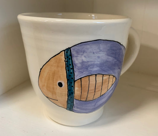 Large wheel thrown mug "Blue & brown fish"