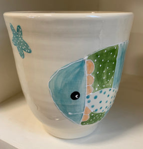 Large wheel thrown mug "Blue & green fish with starfish"