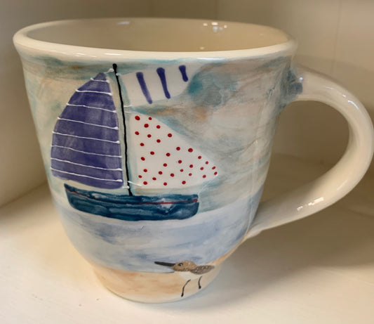 Large wheel thrown mug "Sailboat & Sandpiper"