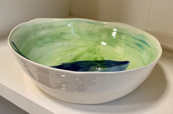 Blue whale bowl, wheel thrown