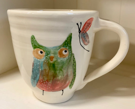 Large wheel thrown mug "Owl & butterfly"