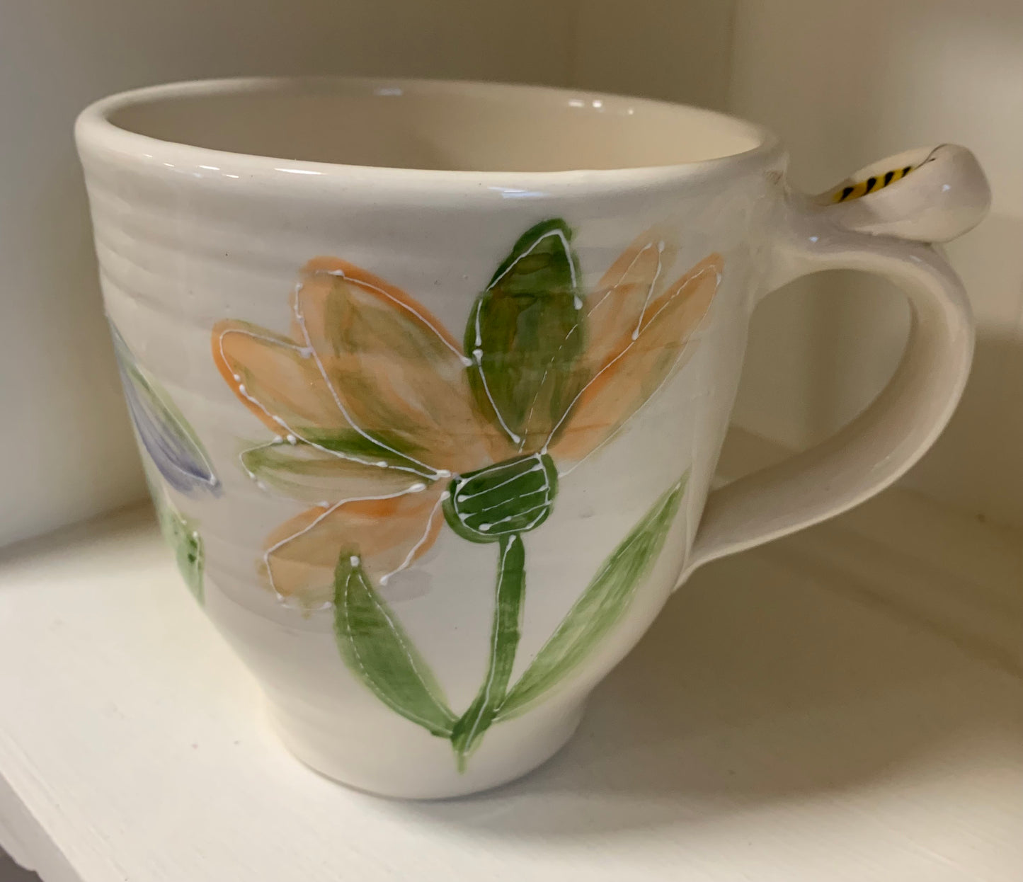Large wheel thrown mug "Orange & blue flowers"