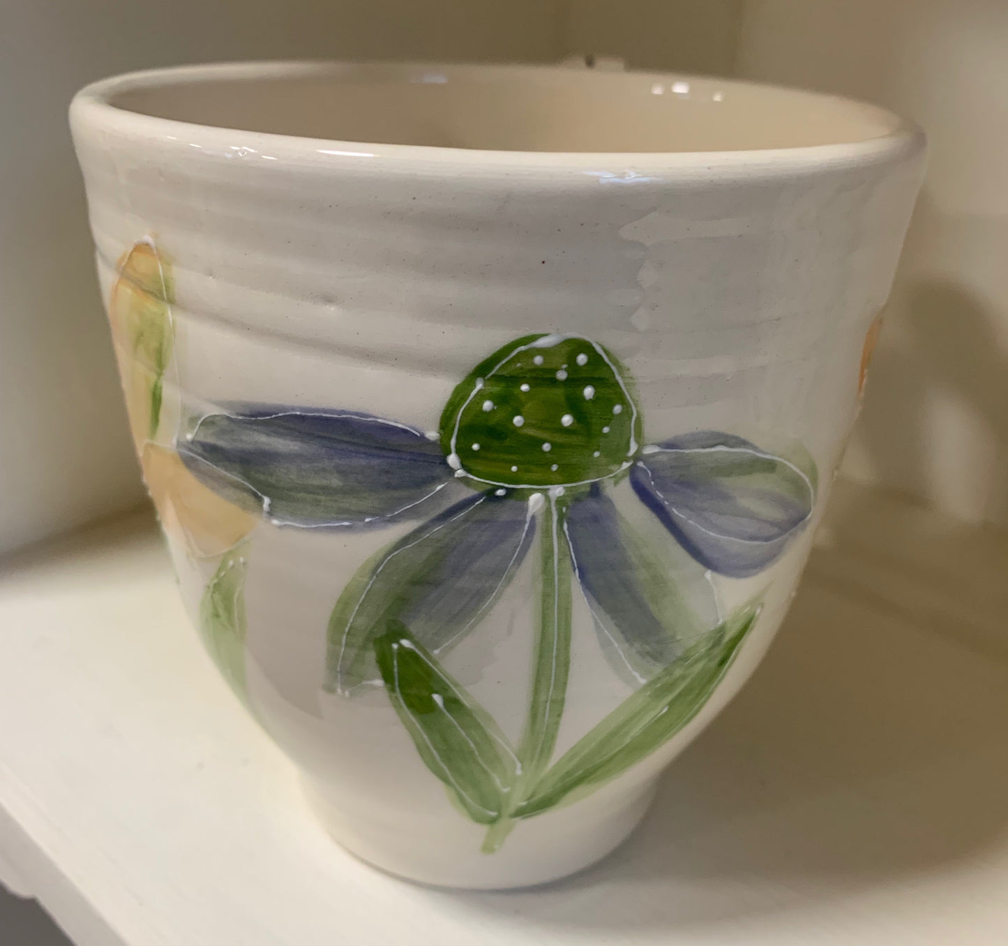Large wheel thrown mug "Orange & blue flowers"