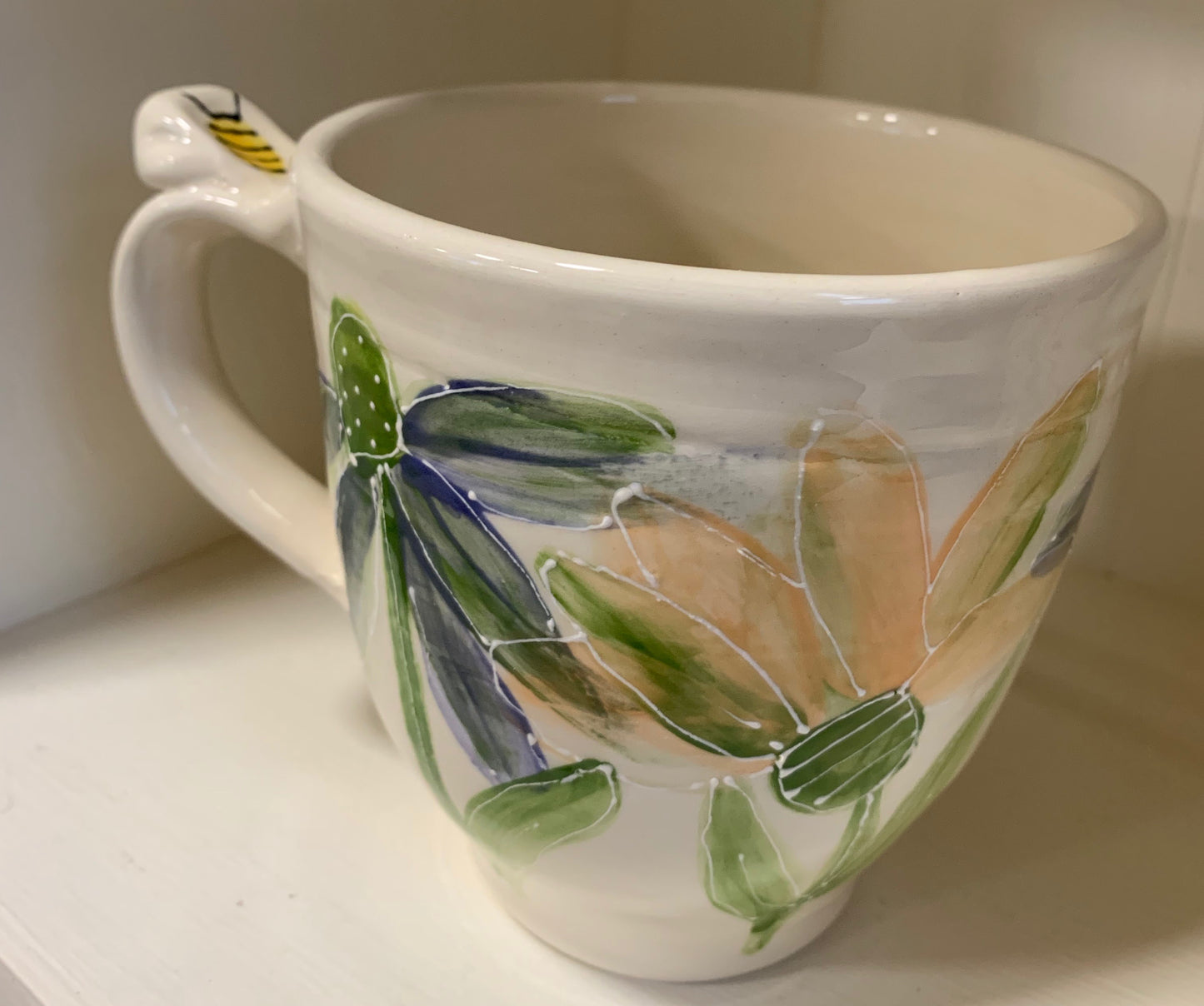 Large wheel thrown mug "Orange & blue flowers"