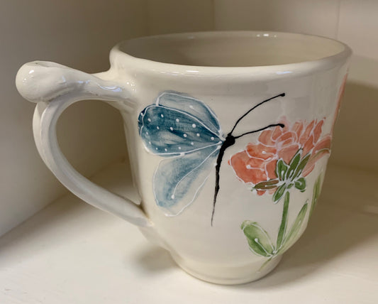 Large wheel thrown mug "Navy blue butterfly & hydrangea"