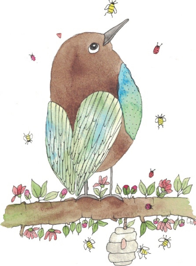 Greeting card "Little bird and the beehive"