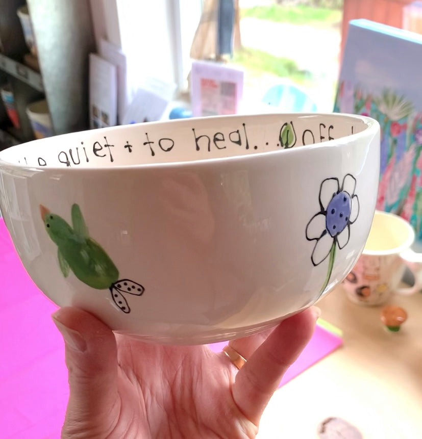 Cereal bowl "Off to my garden" flower bird bee ladybug