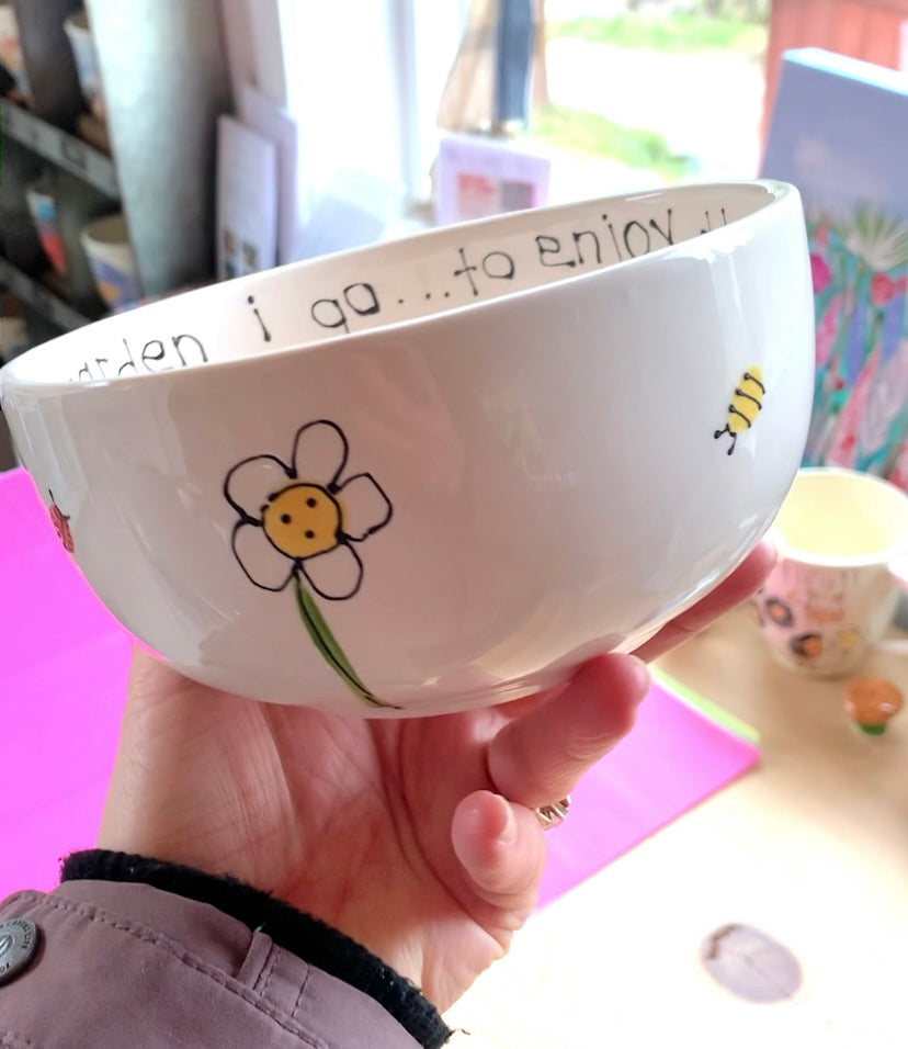 Cereal bowl "Off to my garden" flower bird bee ladybug