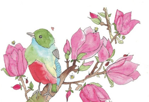 Greeting card "Magnolias & red breasted bird"