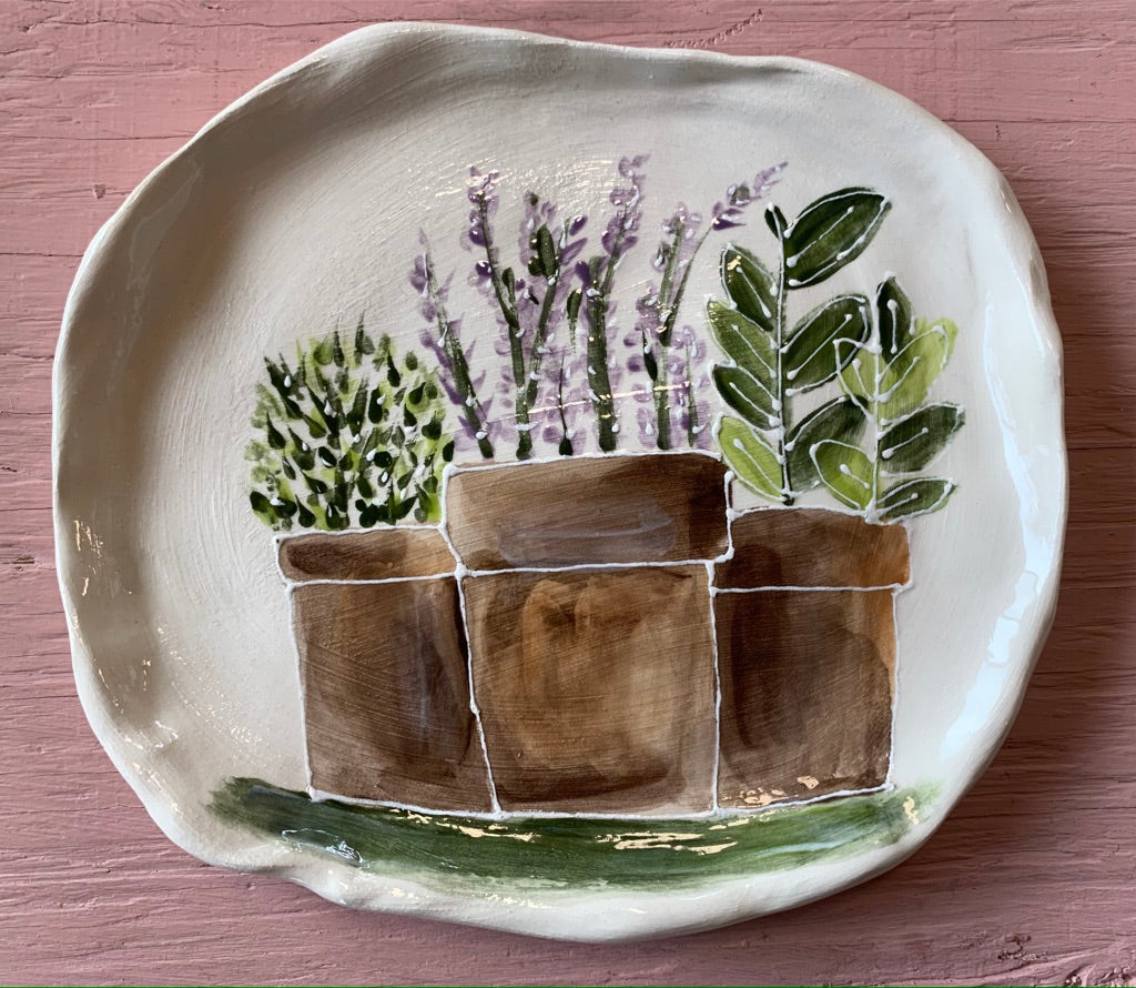 Ring catchall hand built plate Potted herbs, lavender plants