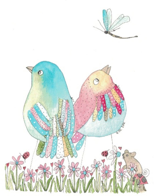 Greeting card "Pink daisies and dragonflies"