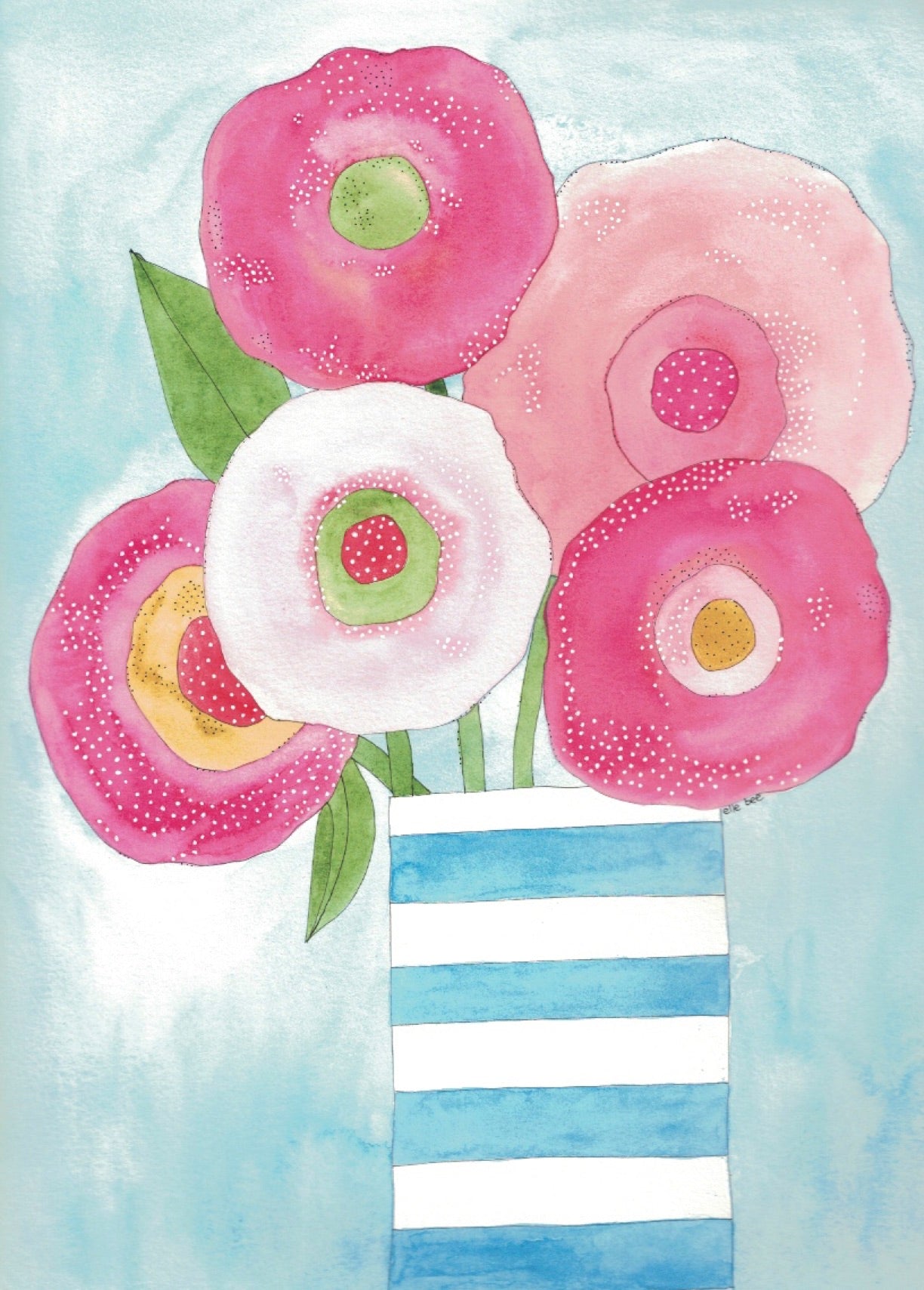 Greeting Card "Pink Poppies in a striped vase"